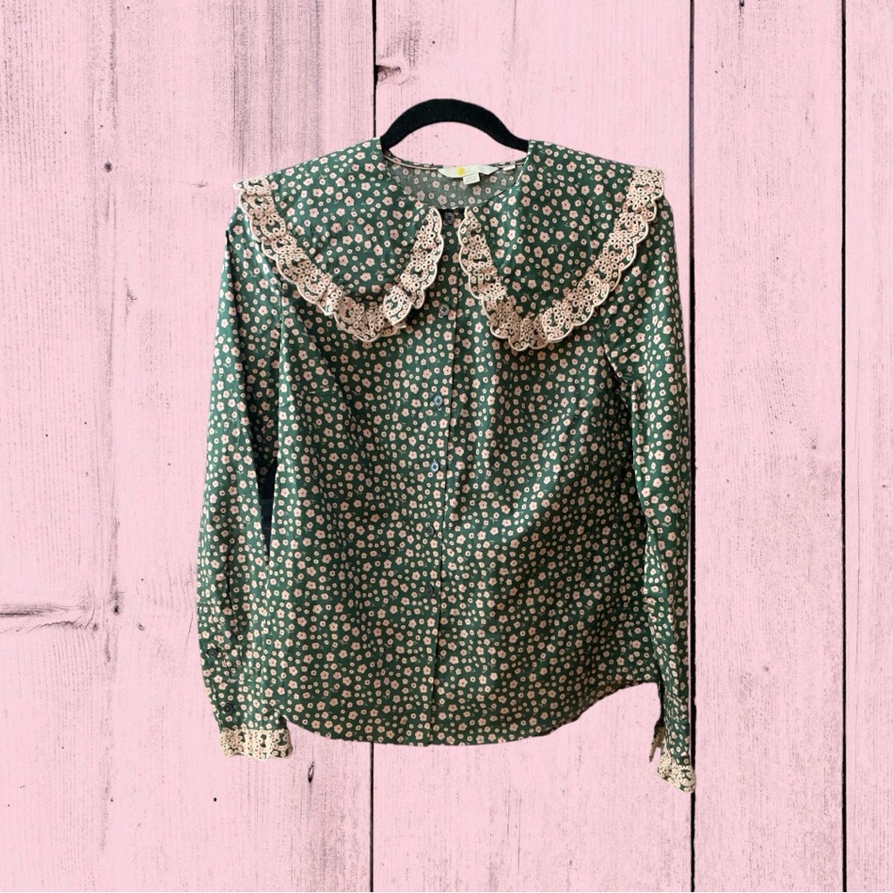 Boden Green Floral Lace-Collar Blouse